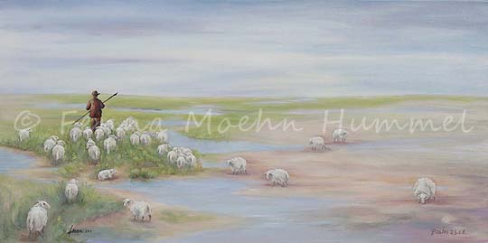 Schilderij Bijbeltekst Psalm 23, Hij leidt mij aan zeer stille wateren, in opdracht Atelier for Hope Fenna Moehn