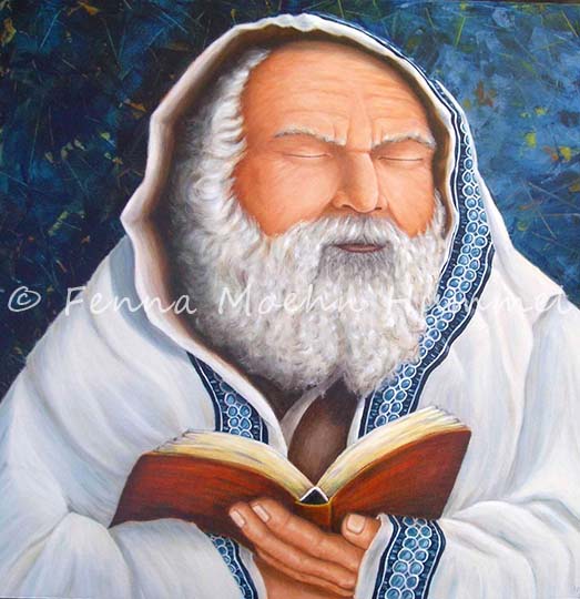 Religieuze Kunst -Schilderij de Rabbi, Joodse Man met gebeden boek, Atelier for Hope Doetinchem copyright Fenna Moehn Hummel