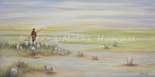 Schilderij Bijbeltekst Psalm 23, Hij leidt mij aan zeer stille wateren, het aanbreken van een nieuwe dag  Atelier for Hope Fenna Moehn