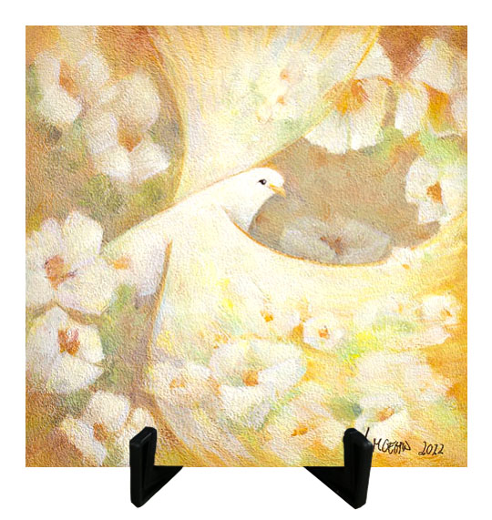 Atelier for Hope bijzonder kunstkado Vrede, duif met witte klaprozen -  tegeltjes van schilderij ijsvogeltje II
