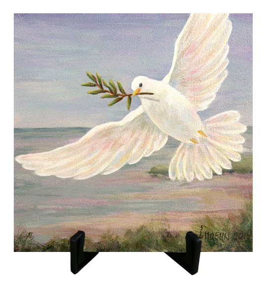 Atelier for Hope bijzonder kunstkado Vredesduif -  tegeltjes van schilderij duif met olijftak