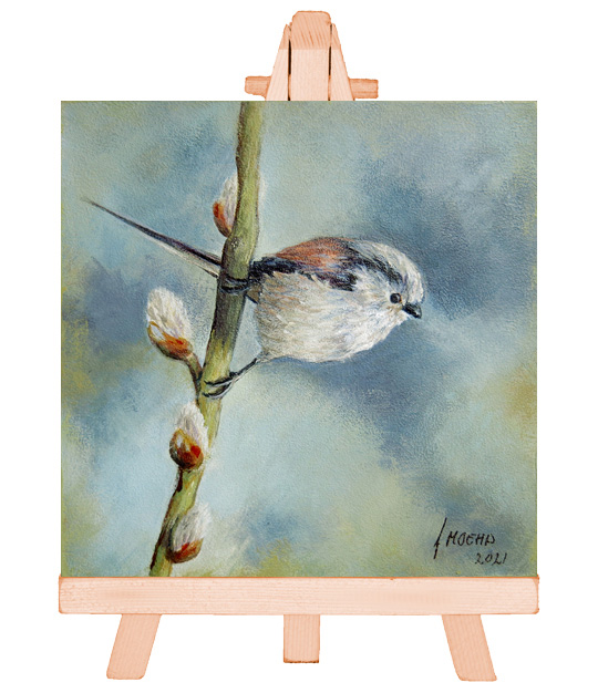 Miniatuur Schilderij Staartmeesje, vogelschilderij, bijzondere kunst Atelier for hope Doetinchem