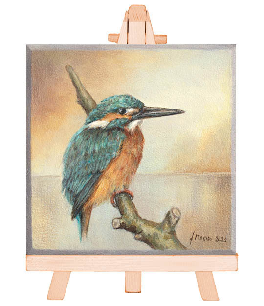 Miniatuur Schilderij IJsvogeltje, ijsvogel schilderij wintermorgen, huwelijksgeschenken en kunstkado artikelen. Christelijke kunst kado