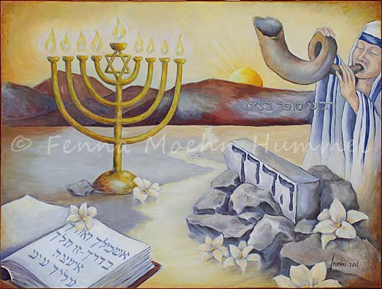 Schilderij Bijbeltekst Psalm 32 Ik zal u onderwijzen aangaande de weg. HaDerech, schilderij met sjofar, chanoekia - menorah, Israel schilderij bij psalmen in opdracht Atelier for Hope Fenna Moehn