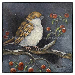 Schilderijen op  Kaarten , mus met besjes, wintermus, kaart kerst, Atelier for Hope Doetinchem Kerstkaarten
