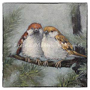 Schilderijen op  Kaarten , mus in sneeuw, dennenboom, musjes kaart kerst, Atelier for Hope Doetinchem Kerstkaarten